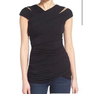Bailey 44 Double Strap Stretchy Ruched Lycra Blouse Top Black Small